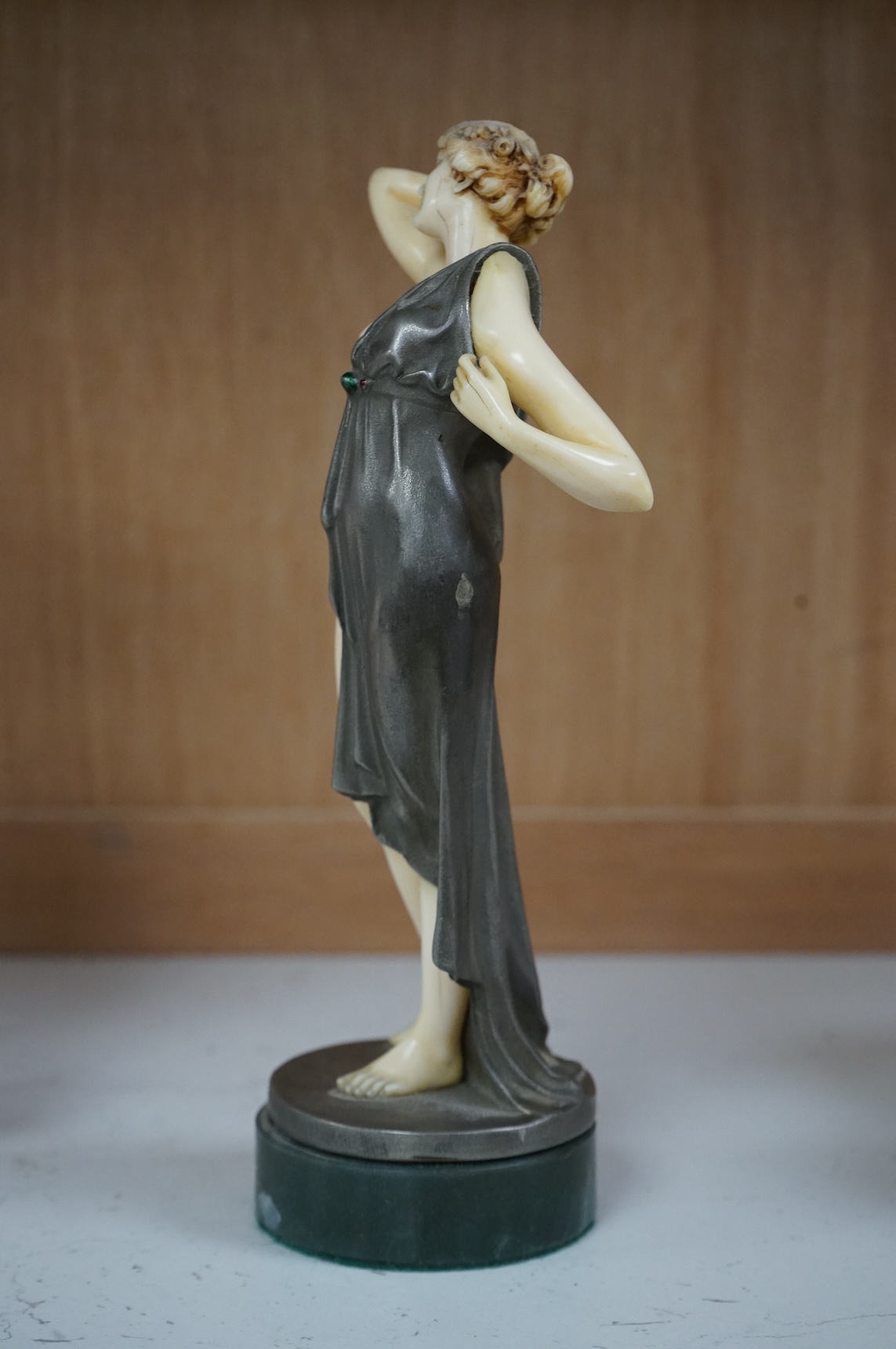 After F. Preiss, an Art Deco style silvered metal and ivorine figure, 'Vanity', 22cm high